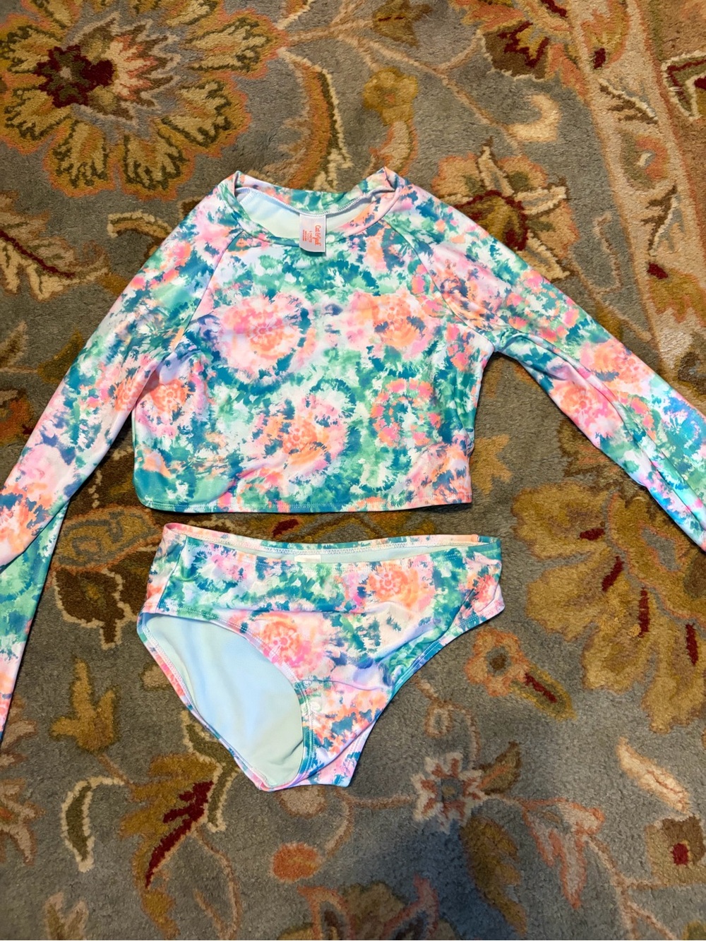 Cat & Jack Girls' Floral Tie-Dye Long Sleeve Rash Guard Set - Pink Green Blue